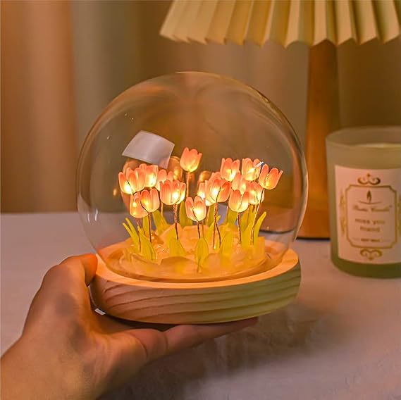 KINGCOO DIY Tulip Night Light Handmade Furniture Decoration Simulation Flower Bedroom Table Lamp Children Girl Couple Friends Gift Atmosphere Decoration Desk Ornament (Pink 20 Flowers)
