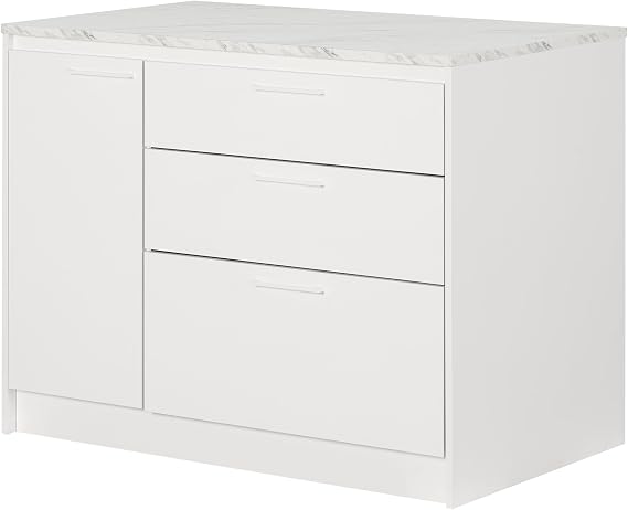 South Shore Myro Kitchen Island Faux White Marble and White, Contemporary