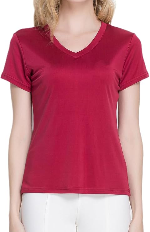 Womens Knitted Silk T Shirts Basic Short Sleeve Tee Tops Mulberry Silk V Neck Blouse Thermal Tshirts Dailywear Underwear