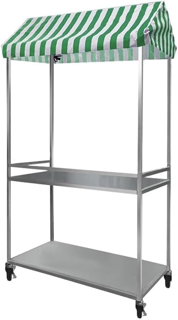 YVYKFZD Rolling Vending Cart with Striped Canopy, 2-Tier Iron Frame Street Food Cart, Folding Market Stall Frame with Lockable Wheels, Portable Vendor Carts for Events(Green,120x60cm/47.2"x23.6")