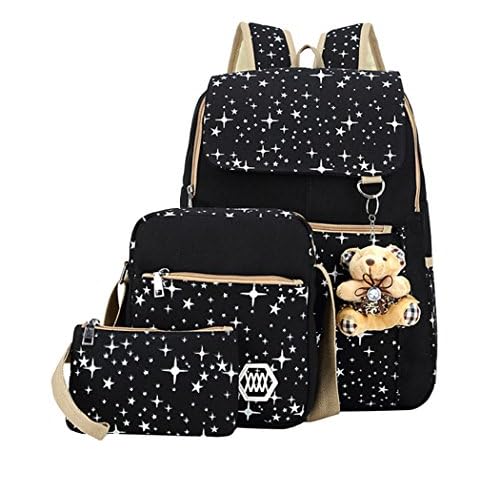 Star Print Girls Black Backpacks Set for School, School Bags Backpack Bookbags for Teenage Girls, with Crossbody Bag, 3 Pieces