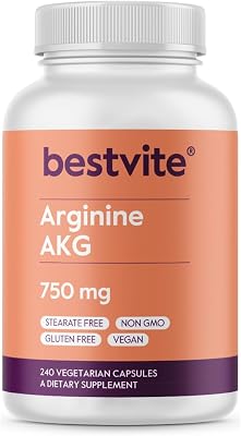 BESTVITE Arginine AKG 750mg 240 Vegetarian Capsules - No Stearates - Vegan - Non GMO - Gluten Free