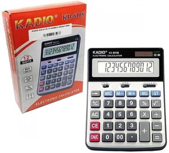 Kadio KD-6118 Masaüstü Hesap Makinesi - 12 Haneli Büyük LCD Ekran, Güneş Enerjili ve Pilli, Çift Güç Kaynağı, Ofis, Okul ve Ev İçin Ergonomik Tasarım - Gri/Siyah
