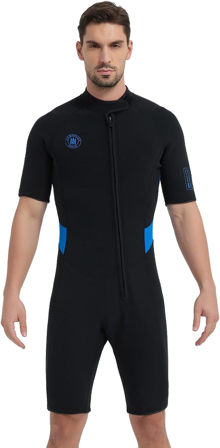 Lemorecn Wetsuit Men Women, 2mm Shorty Wetsuit Front Zip Ultra-Stretch Neoprene Thermal Swimsuit Diving Suit for Water Sports
