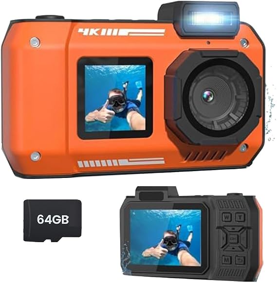 Waterproof Camera 4K 65MP Underwater Camera with 64G Card, for Snorkeling Autofocus Selfie Dual-Screen Orange
