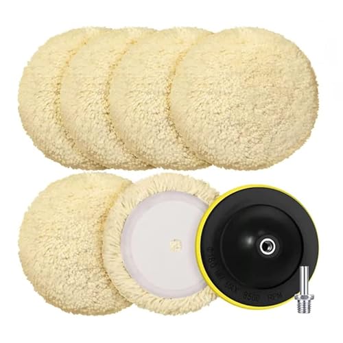 Tallew 6 Pcs 8 Inch Wool Buffing Polishing Pads Hook Loop Cutting Pads with Backing Plate for Car, Boat, Wood, Marble Surface Polishing & Scratch Removal Original Color