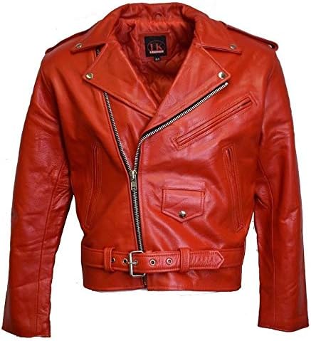 IKLeather MC Classic Men's Motorcycle Biker Jacket Black Genuine Leather (28, Red)