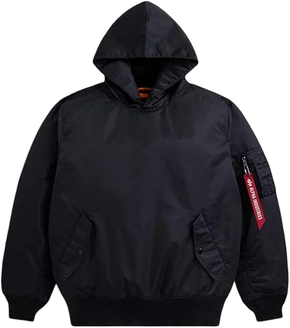 Alpha Industries Men's Pull-Over Hooded MA-1 Flight Bomber Jacket Black 100% Nylon Water Resistant Utility Pockets Signature Embroidery Fall Outerwear Jackets, Army Military Air Force - Black, M