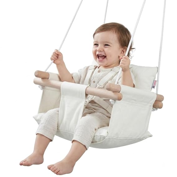 CaTeam Canvas Baby Swing Seat with 5-Point Safety Belt Wooden Hanging Toddler Swing, Indoor & Outdoor, Ages 1-4, Ceiling Mount Hardware Included, Ivory