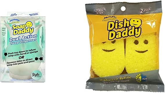 Scrub Daddy Soap Dispenser - Soap Daddy, Dual Action Bottle for Kitchen & Bathroom Sink or Shower & Dish Daddy Dish Wand Replacement Head Refill, x2 Refill Heads