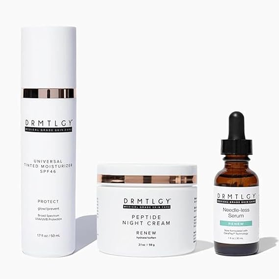 DRMTLGY Anti-Aging Trio: Needle-less Serum, Tinted Moisturizer with SPF 46, Peptide Night Cream