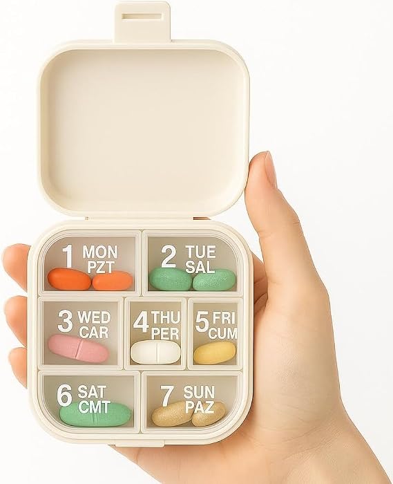 SUWORS Haftalık İlaç ve Vitamin Kutusu- Taşınabilir – 7 Günlük, 7 Bölmeli, Kapaklı ve Taşınabilir Hap Düzenleyici