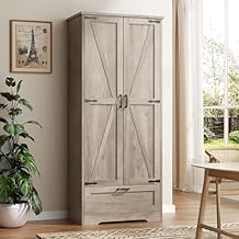 Vongrasig Kitchen Pantry Storage Cabinet with Barn Doors, Drawer and Adjustable Shelves, 4-Tier Tall Rustic Wood Cupboard Locker for Kitchen, Dining Room, Living Room, Bathroom, (White)