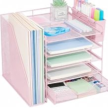 Desk Organizers and Accessories, 5-Tier Paper Letter Tray Organizer with File Holder, Drawer & Pen Holder, Office Desk Accessories, Desktop Organizer for Classroom Office Supplies, Pink