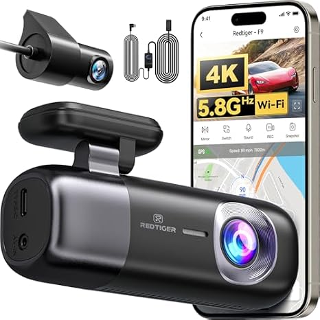 REDTIGER F9 & OBD Hardwire Kit, Dash Cam 4K Front and Rear 1080P, 5.8GHz WiFi GPS Car Camera with APP Control, Dual Dash Camera for Cars, Loop Recording(SD Card Not Included)