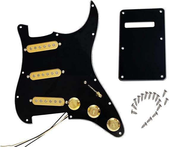 Prewired Pickguard Loaded Vintage 50s Single Coil Pickup Set for Strat-Style Guitars, 7-Way Switching, Black/Gold