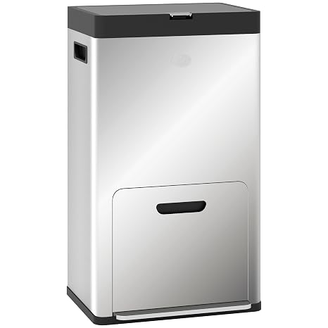 HOMCOM Kitchen Bin 2 x 18L and 20L Stainless Steel with Wheels Silver Tone