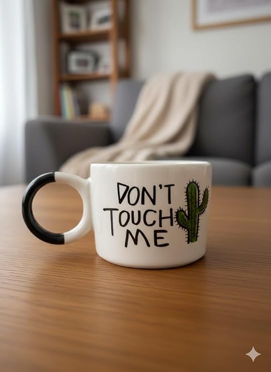 Don't Touch Me Krem Parlak Düğüm Kulp Fincan (Siyah Kulp) - Hediye Seramik Fincan