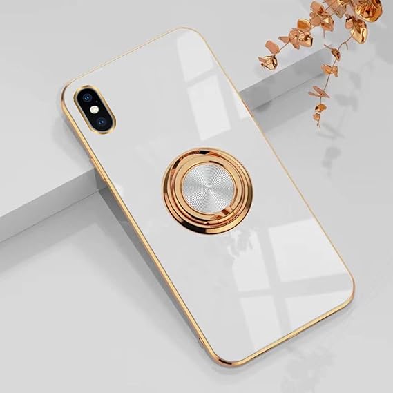 for iPhone Xs Max Case for Women Ring Holder, 360 TPU Rotation Kickstand Rings Cases with Stand Glitter Plating Rose Gold Edge Work with Magnetic Mount Slim Sleek Luxury Case Girly White