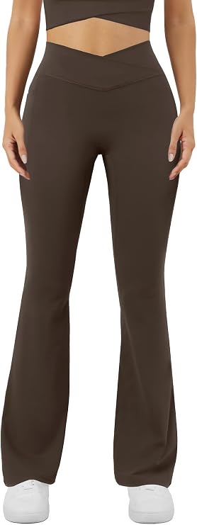 DLOODA Women's Yoga Pants V Crossover Flare Leggings with Pockets Flared Bootcut Bell Bottoms Workout Pants Gym