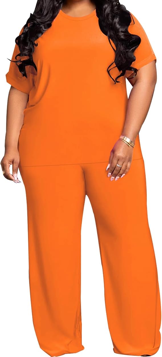 TOPSRANI Womens Plus Size Lounge Set V-Neck 2 Piece Outfits Sweatsuits Tracksuit Short Sleeve Baggy Wide Leg Pant Sets