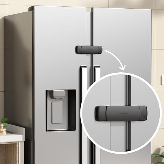Mom's Choice Gold Awards Winner - EUDEMON 1 Pack Latest French Fridge Lock French Door Refrigerator/Freezer Lock Apply to Max 3.54"(90mm) Two Door Gap Distance for Kids & Babies,Easy to Install(Black)