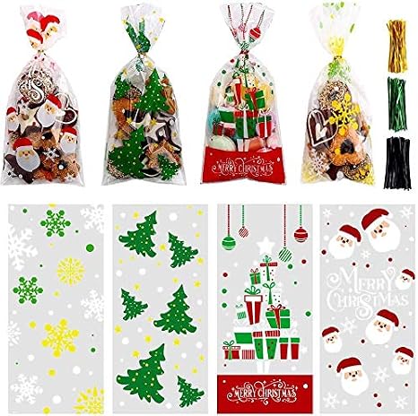 LOKIPA 200 Pcs Christmas Cellophane Treat Bags, Xmas Clear Cello Gift Bags Candy Goodies Bags with Twist Ties for Christmas Party Supplies