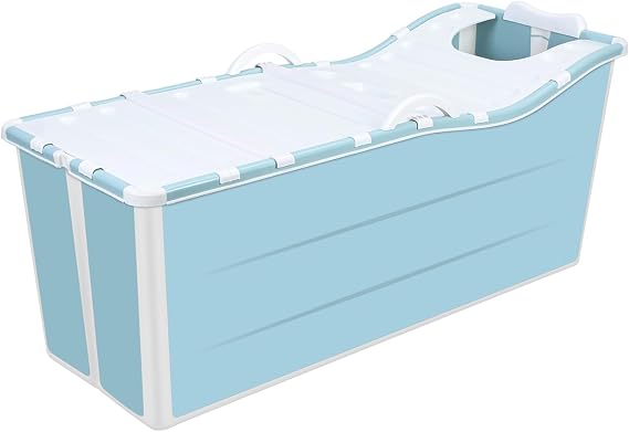 55 Inch Foldable Bathtub, Portable Collapsible Soaking Bath Tub, Freestanding Folding Bathtub with Thermal Lid & Handrail, Blue