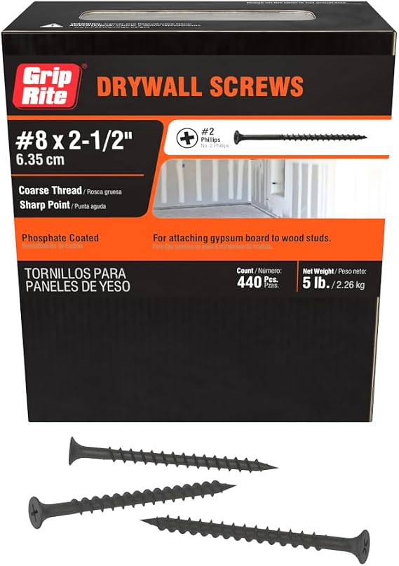Grip-Rite Coarse Thread Drywall Screws - #2 Phillips Bugle Head - Sharp Point - for Attaching Drywall to Wood Studs - Phosphate Coated - 5 Lb Box - #8 X 2-1/2" Drywall Screws - 212CDWS5