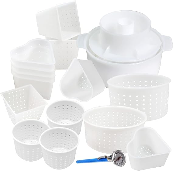 16 pcs Cheese Making Kit for Beginners - Soft Cheese Form Molds for Cheese Making + Thermometer + Hard Cheese Mold with a Follower - Cheese Making Supplies - Moldes Para Queso Fresco Casero No5