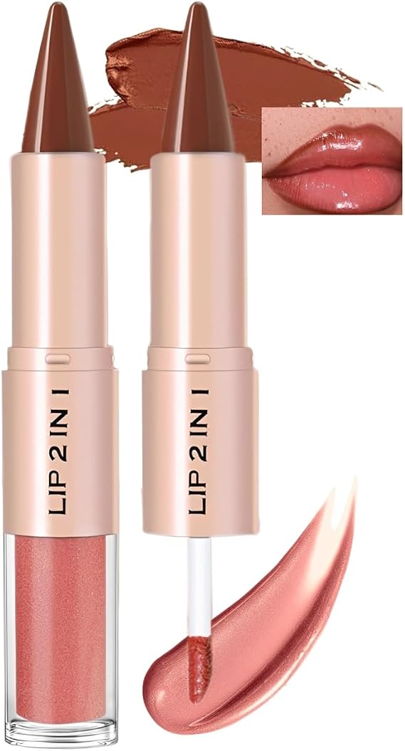 2-in-1 Brown Lip Liner & Gloss Set,Double-Ended Matte Plumping Lipliner Lipstick with Moisturizing Gloss, High Shine Nude Coral Ombre Effect, Glossy Long Lasting Makeup for Defined & Glossy Looks(#04)