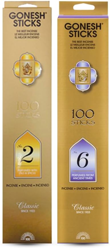 Gonesh - Classic Collection Incense Sticks Bundle - Non-Toxic 10 Slow Burn Aromatic Sticks - No. 6 & No. 2-100 Sticks Each