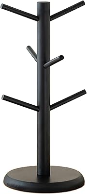 Ahyuan Bamboo Wooden Mug Rack Tree Coffee Tea Cup Organizer Hanger Holder with 6 Hooks Removable Mug Stand Black