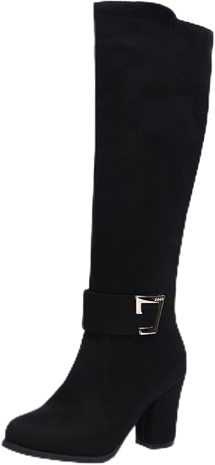 Women Knee High Boots Wide Calf Chunky Heel Side Zip