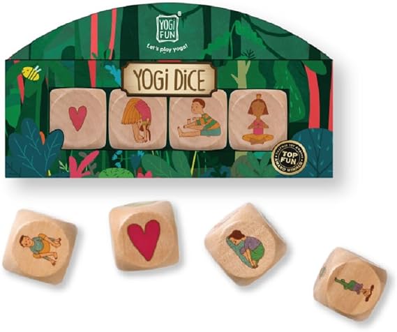YOGi FUN Yoga Dice Game 4 Wooden Dice with 18 Yoga Poses and Instruction Die, Fun Movement Game for Kids Ages 5+, Solo or Group Play, Classroom, ADHD, Emotional Physical Development Game for Kids