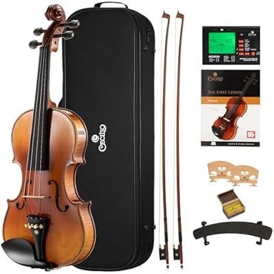 Cecilio Violin 44 Full Size Kit Hand Oil Rub Highly Flamed 1-Piece Back Solidwood Violin with DAddario Prelude Strings, Size 44 Full Size