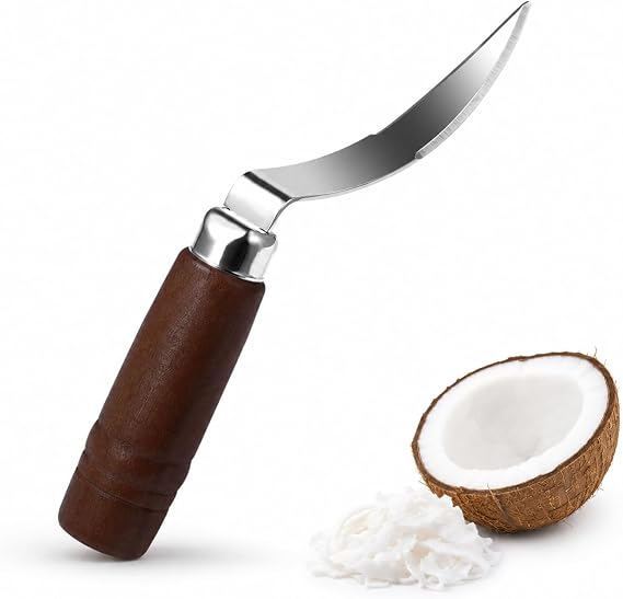 DOITOOL Coconut Meat Removal Tool Stainless Steel Fresh Coconut Scraper Knife with Ergonomic Wood Handle for Raw Shell Extraction and Manual Opener