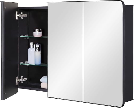 IDYLLOR Bathroom Mirror Medicine Cabinet with Round Corner Framed Door 36 x 26 inch, Black,Recessed or Surface Mount, with Adjustable Glass Shelves