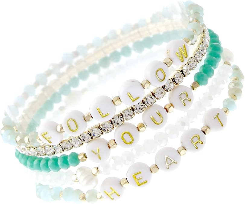 NTLX Inspirational Message Multi Strand Beaded Stackable Stretch Bracelets for Women - Bohemian Boho Style Bracelets Beautiful Faceted Glass Beads Gift Box Included