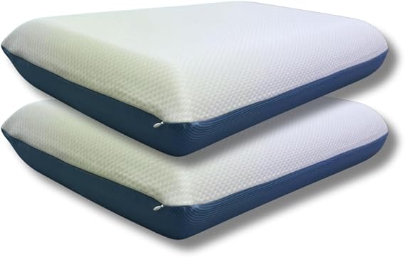 2 Quantity Essentials Memory Foam Bed Pillow for Pressure Relief, Adaptive Memory Foam Pillow with Washable Knit Cover, Standard, 24 x 16 in x 5.5 in, White/Blue