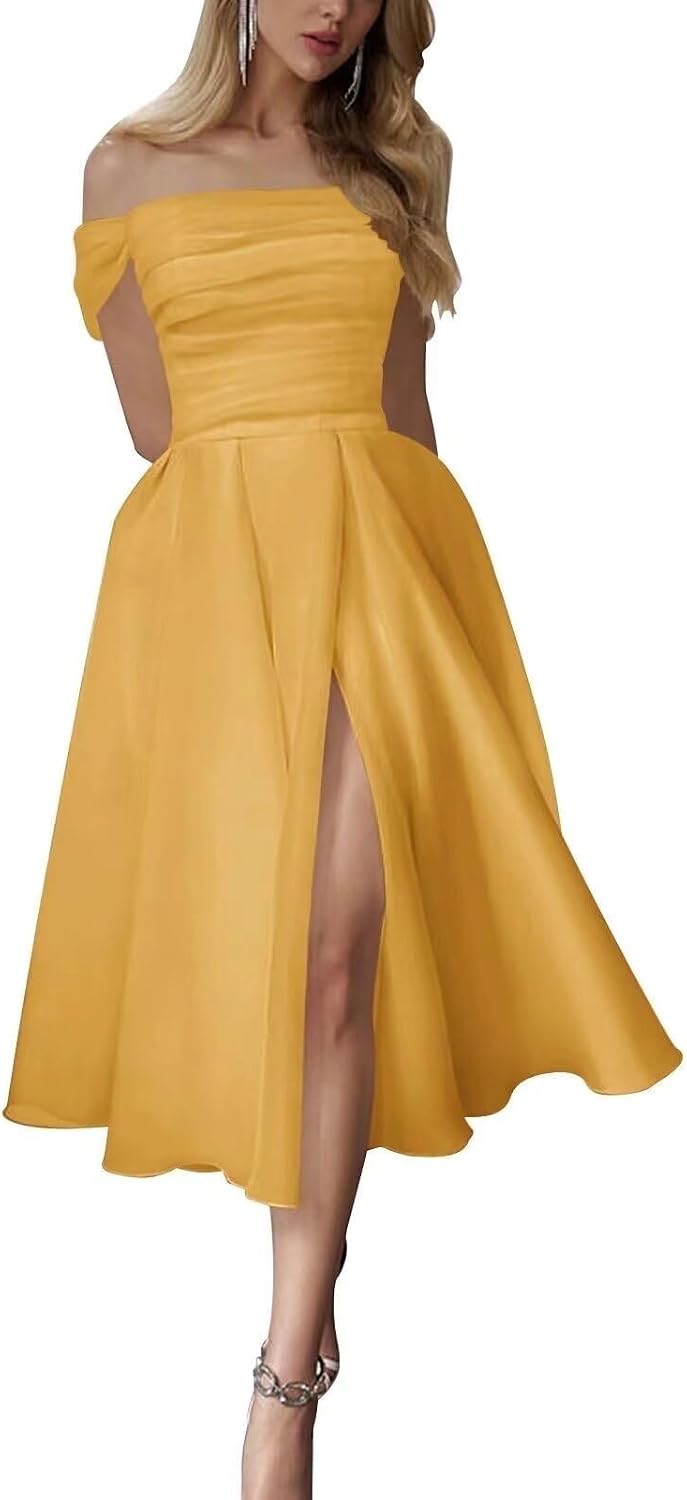 Women’s Midi Off Shoulder Wedding Dresses for Bride A Line Ruched Formal Prom Party Gowns with Slit