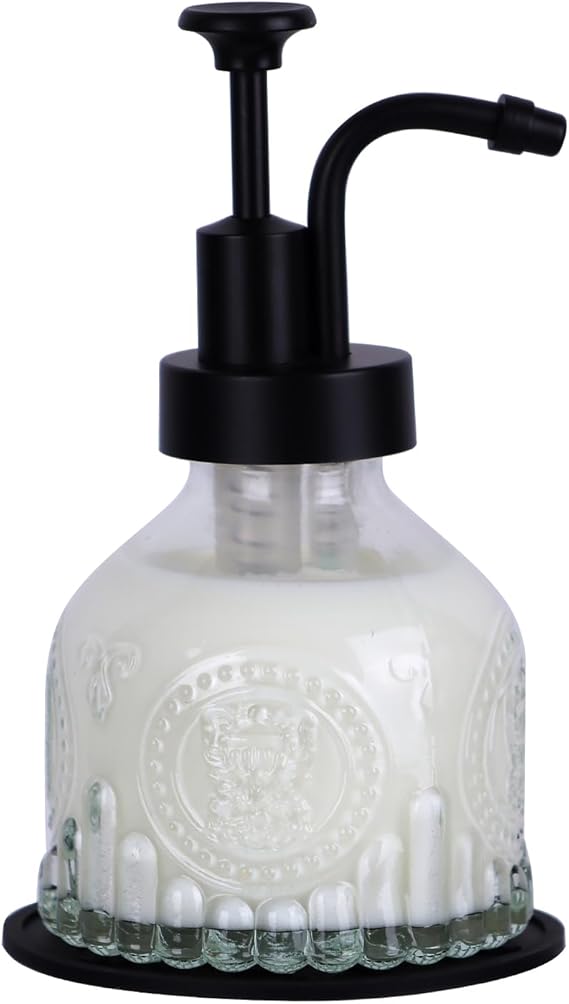 Glass Soap Dispenser for Kitchen and Bathroom Countertop, Smooth Action Pump Refillable Wash Hand Liquid, Dish Detergent, Farmhouse Style with Cylindrical Shape Shampoo Lotion Pump