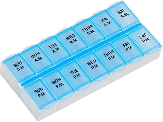 EZY DOSE Weekly AM/PM Daily Pill Case, Medicine Planner, Vitamin Organizer, Fish Oil Holder, Supplements Container, Medium Compartments, 2 Times a Day, Color May Vary (Randomly Selected), BPA Free