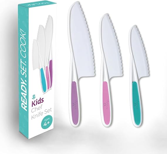 Jr. Kid Safe Knife Set for Real Cooking | Toddler Knives | Ages 4-12 | Montessori Kitchen Tools for Girls | Kids Knife Set of 3 | BPA Free Dishwasher Safe | Birthday Christmas Stocking Stuffer