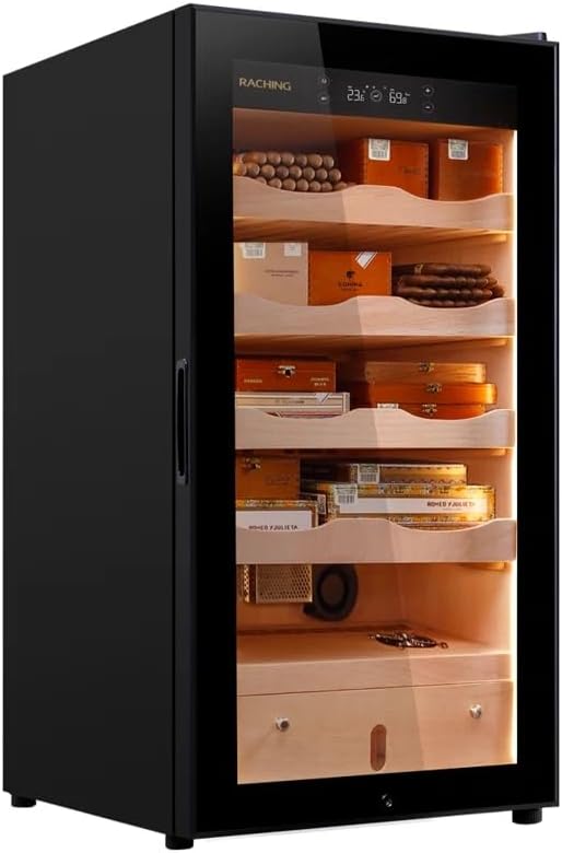 RACHING NEW MA50 Humidor Cabinet, 100L Cigar Humidor for Office&Household Cigar Storing&Aging,Full Wood Frame with Spanish Cedar Drawers&Liner -Black