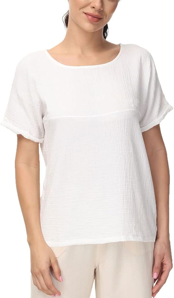Soojun Women's Cotton Linen Round Collar Boxy Top Patchwork Blouses