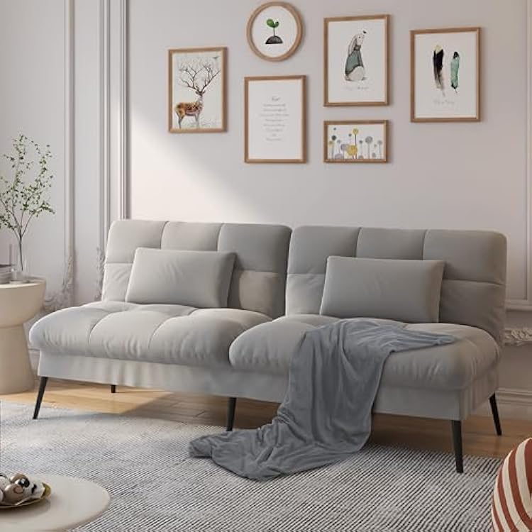 COMHOMA Convertible Futon Sofa Bed, 72Fabric Futons Couch with Adjustable Backrest, Folding Sleeper Recliner for Living Room Furniture Grey