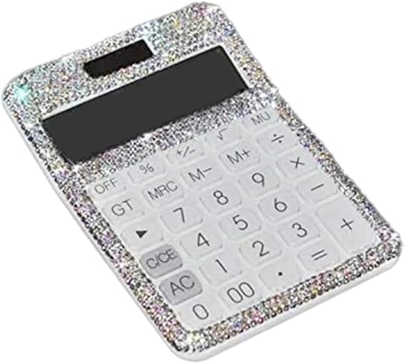 Calculator Rhinestone Crystal Dazzling 12 Digit Solar and Battery Dual Power LCD Display for Office, School White