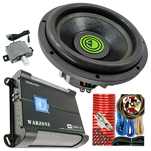 Gravity WZ3000.1D Warzone 3000W Class D Amplifier with Remote Control, Warzone GW12D2 12 Inch 3000 Watt Car Audio Subwoofer and 4 Gauge 2300W Car Amplifier Installation Kit