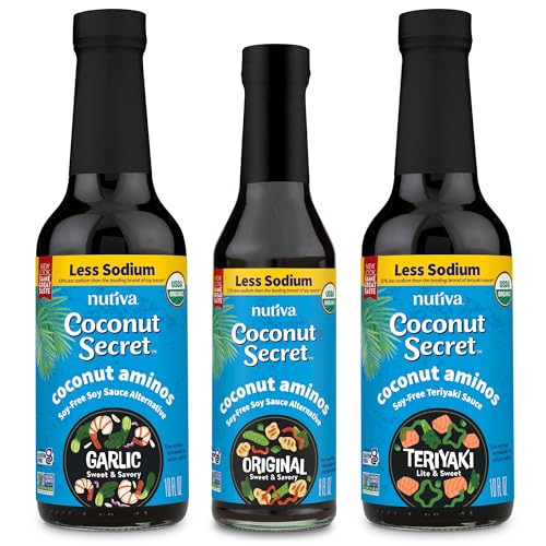 Coconut Secret Organic Coconut Liquid Aminos Variety 3-Pack - Includes Original 8oz, Garlic 10oz, and Teriyaki 10oz - Low Sodium Soy Sauce Alternative for Cooking, Dipping, and Marinating